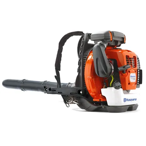 Orange and black backpack leaf blower with long nozzle on white background