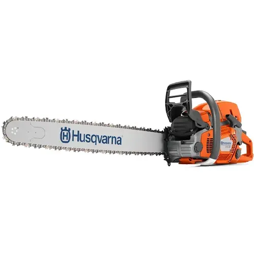 Orange Husqvarna chainsaw on a white background
