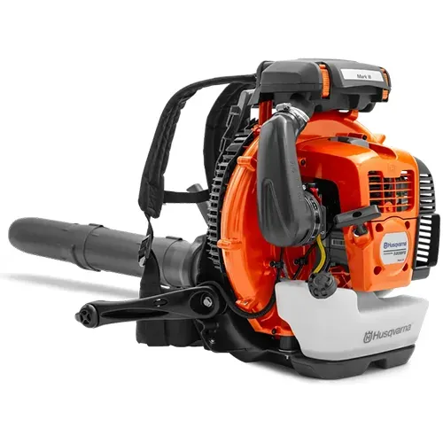 Orange Husqvarna leaf blower with black harness and nozzle on a white background