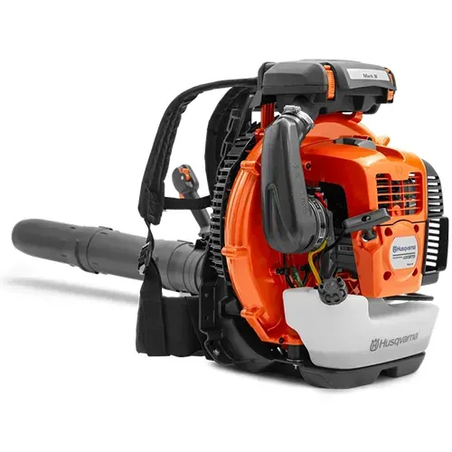 Orange and gray backpack leaf blower with black straps and nozzle on a white background
