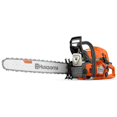 Orange Husqvarna chainsaw with silver guide bar on a white background