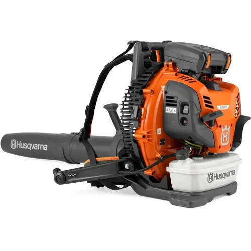 Orange and gray Husqvarna backpack leaf blower with black nozzle and white fuel tank on white background