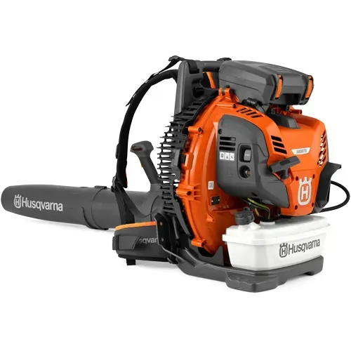 Orange and black Husqvarna leaf blower with backpack straps and white fuel tank on a white background