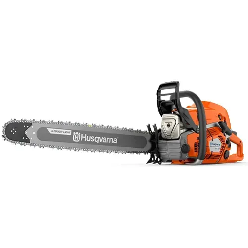 Orange Husqvarna chainsaw with black bar and chain on a white background