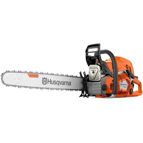 Orange Husqvarna chainsaw with silver blade and black handle, isolated on white background