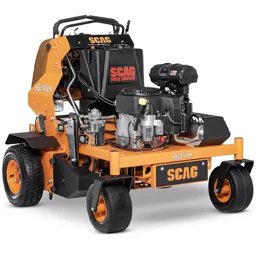 Orange SCAG stand-on zero-turn lawn mower on a white background