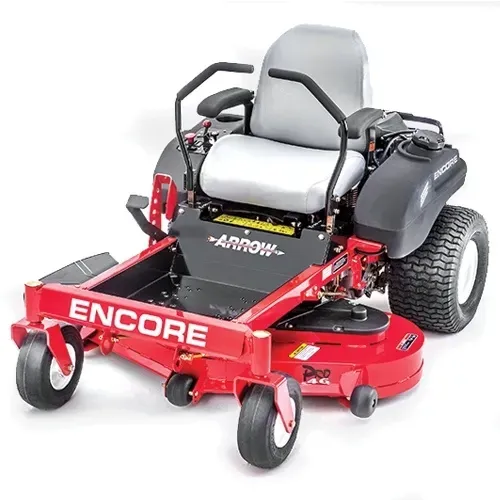 Red Encore zero-turn riding lawn mower with gray seat and black roll bar, front view