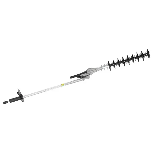 Long-reach hedge trimmer with telescoping shaft and black cutting head on white background