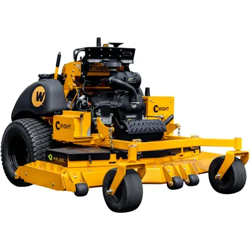 Yellow zero-turn lawn mower with large rear tires and front caster wheels on a white background