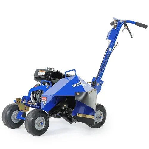Blue compact tracked utility machine with steering handle and small wheels on a white background