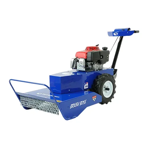 Blue walk-behind tiller with red engine and front rotating tines on a white background