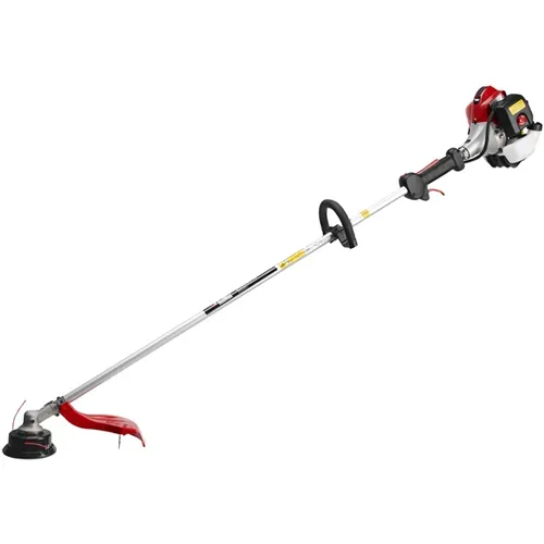 Gas-powered string trimmer with long shaft, red engine, and black cutting head on white background