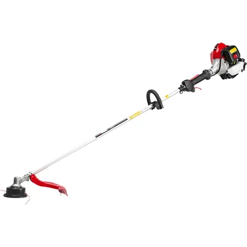 Gas-powered string trimmer with red engine and white shaft on a white background