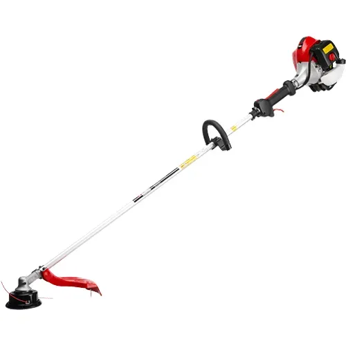 Gas-powered string trimmer with long shaft, red engine housing, and black handle on white background