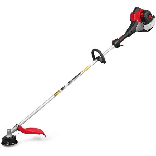 Gas-powered string trimmer with silver shaft, black handle, and red engine and guard on a white background