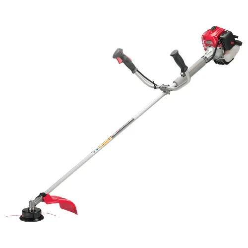 Red and gray gas-powered string trimmer with shoulder harness on a white background