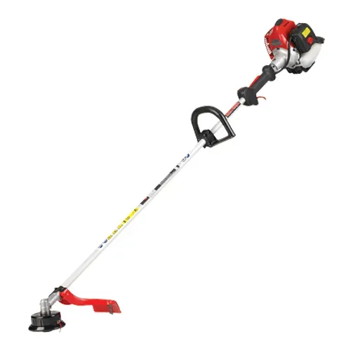 Gas-powered string trimmer with red engine and long white shaft on a white background