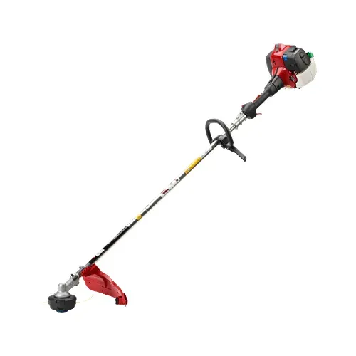 Red and black gas-powered string trimmer on a white background
