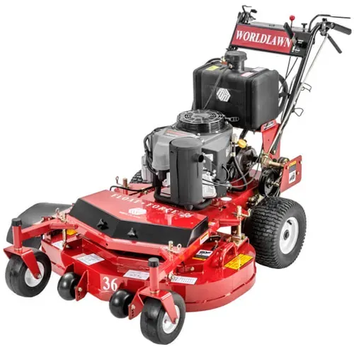 Red commercial lawn mower with black engine and red frame on white background