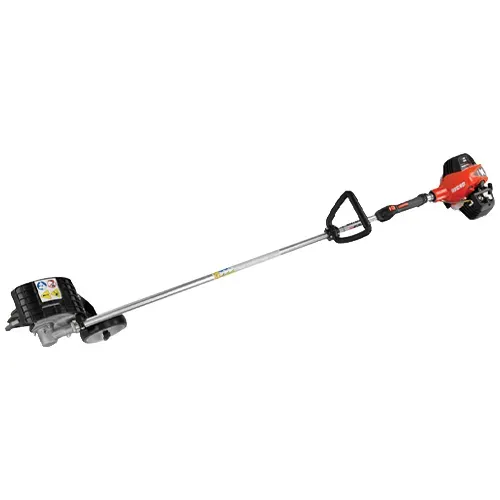 Gas-powered string trimmer with a long silver shaft and black handles on a white background