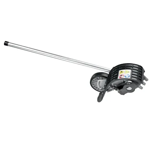 Gas-powered pole hedge trimmer with long silver shaft and black motor housing