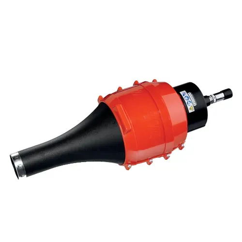 Red and black industrial cone-shaped device with a metal nozzle on a white background