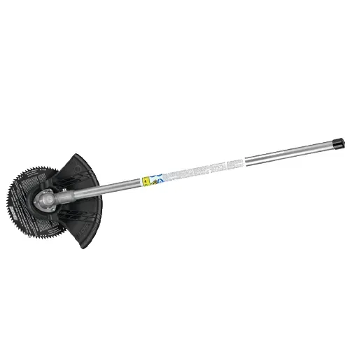 Gas-powered brush cutter with circular blade and long silver shaft