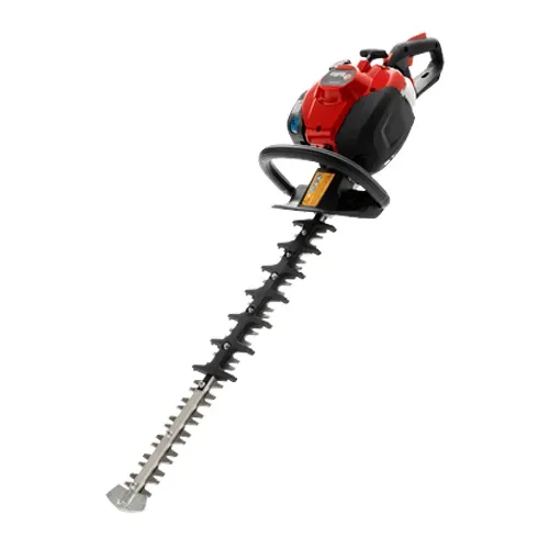 Red and black electric hedge trimmer with long blade on a white background