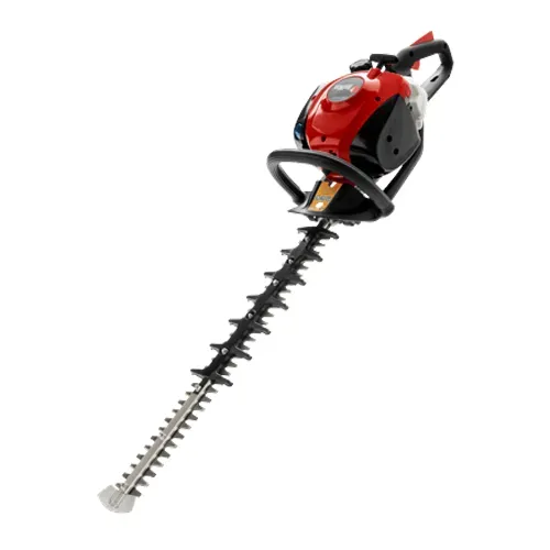 Red and black gas-powered hedge trimmer with long blade on a white background