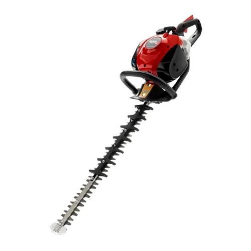 Red and black hedge trimmer with long blade on a white background