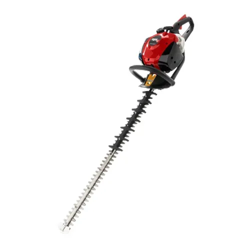 Red gas-powered hedge trimmer with a long metal blade on a white background