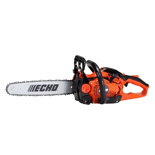 Orange and black Echo chainsaw with silver bar and chain on a white background