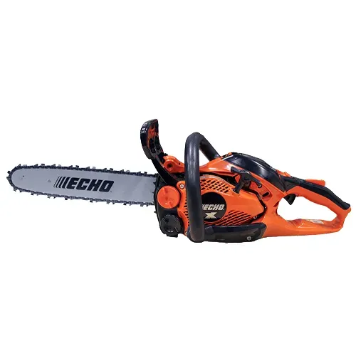 Orange and black ECHO chainsaw on a white background