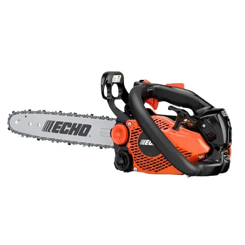 Orange and black ECHO chainsaw with silver blade on a white background