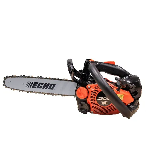 Orange Echo chainsaw with black handles and silver blade on a white background