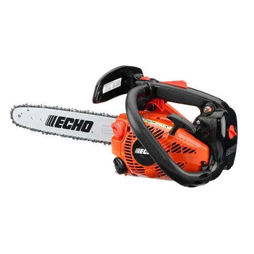 Orange Echo chainsaw with black handle and blade guard on a white background