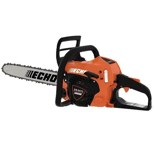 Orange and black Echo chainsaw with silver blade on a white background