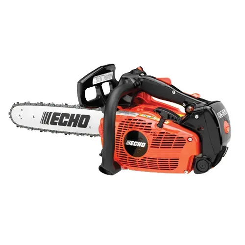 Orange and black ECHO chainsaw with white guide bar on a white background