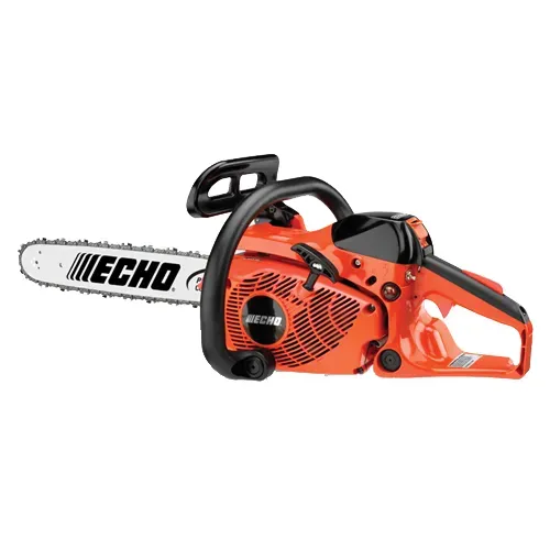 Orange Echo chainsaw with white bar and black handle on a white background