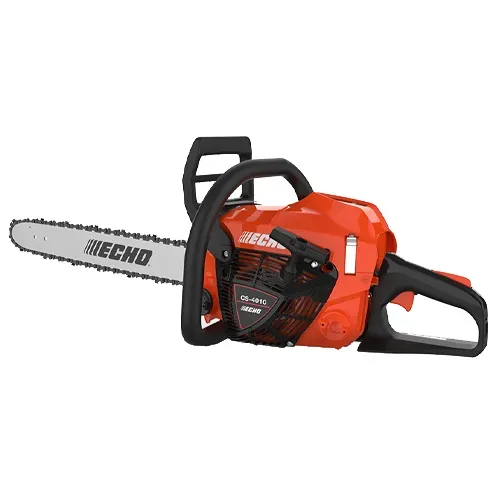 Red and black ECHO chainsaw with silver blade on a white background