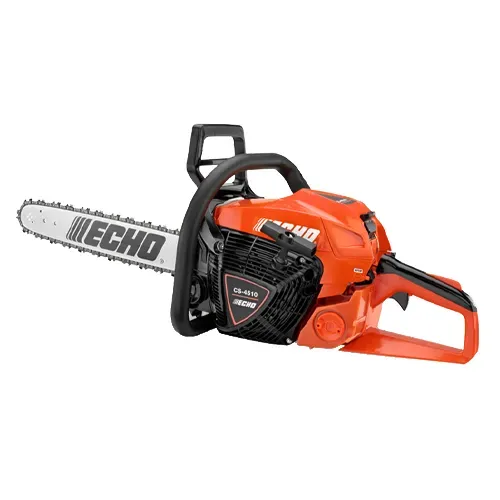 Orange Echo chainsaw with black handles and silver bar on a white background