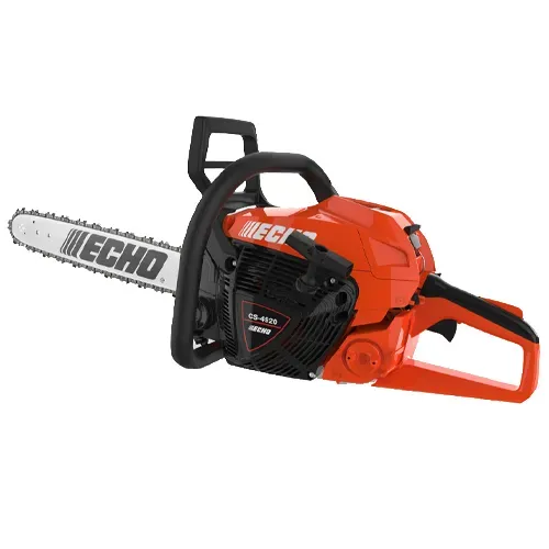 Orange Echo chainsaw with black handle and silver blade on a white background