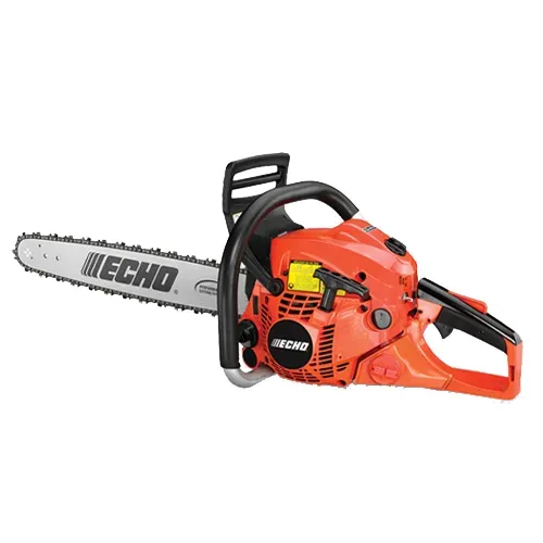 Orange Echo chainsaw with silver bar and black handle on a white background