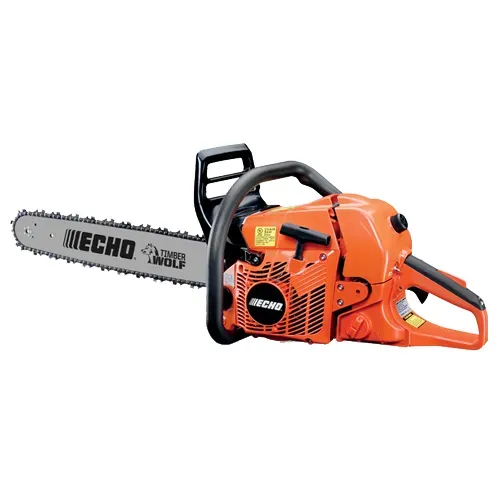 Orange chainsaw with silver blade and black handle on a white background
