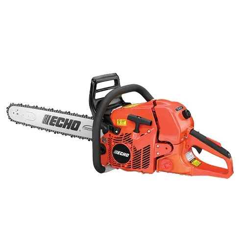 Red and black Echo chainsaw with silver blade on a white background