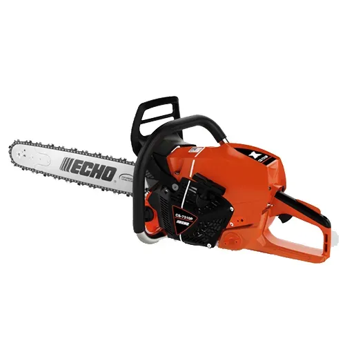 Orange and black Echo chainsaw with silver blade on a white background