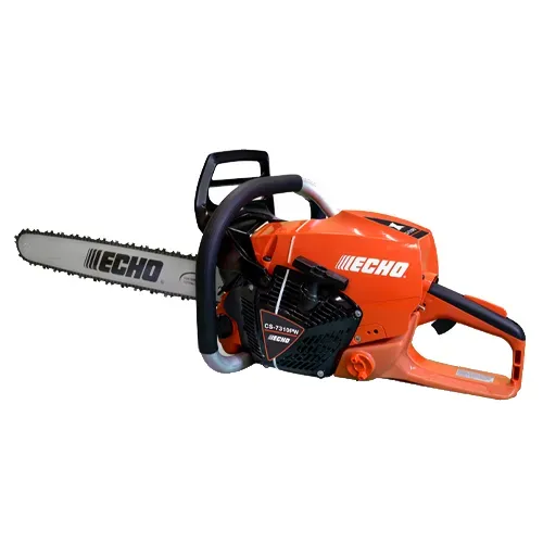 Orange ECHO chainsaw with silver blade and black handle on a white background