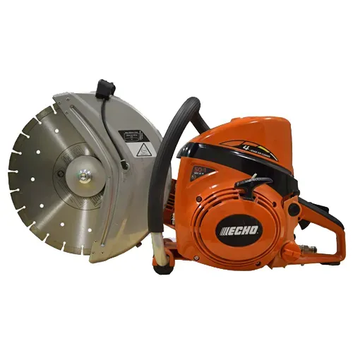 Orange and silver concrete saw with large circular blade on a white background