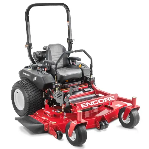 Red zero-turn lawn mower with black seat and large rear tires, shown on a white background