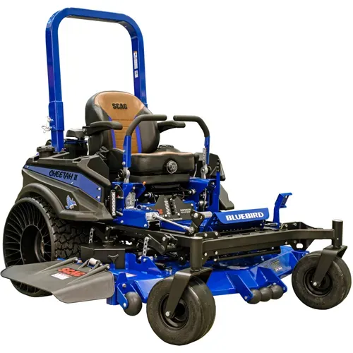 Blue and black zero-turn riding mower with a tan seat, front casters, and wide cutting deck